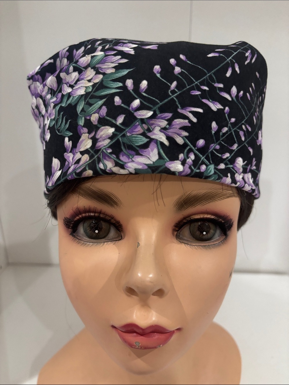 Black Floral Women's Headwrap with Purple and Green Accents cotton.